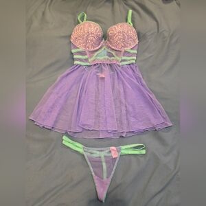 Victoria's Secret Purple and Green Lace Babydoll Set